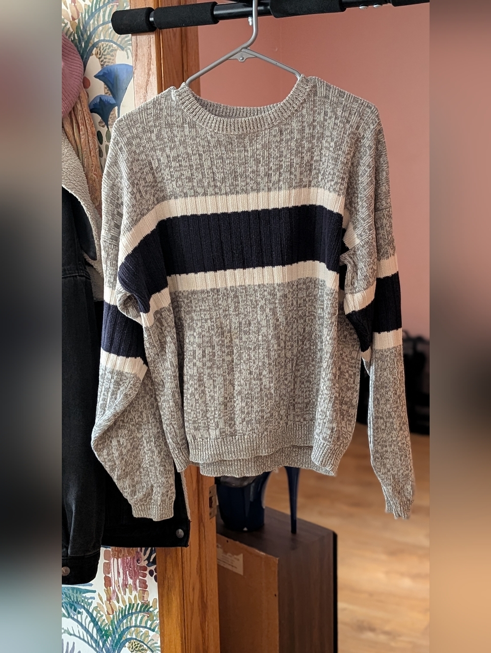 Women's Grey Marled Crewneck Sweater with Navy and Cream Stripes